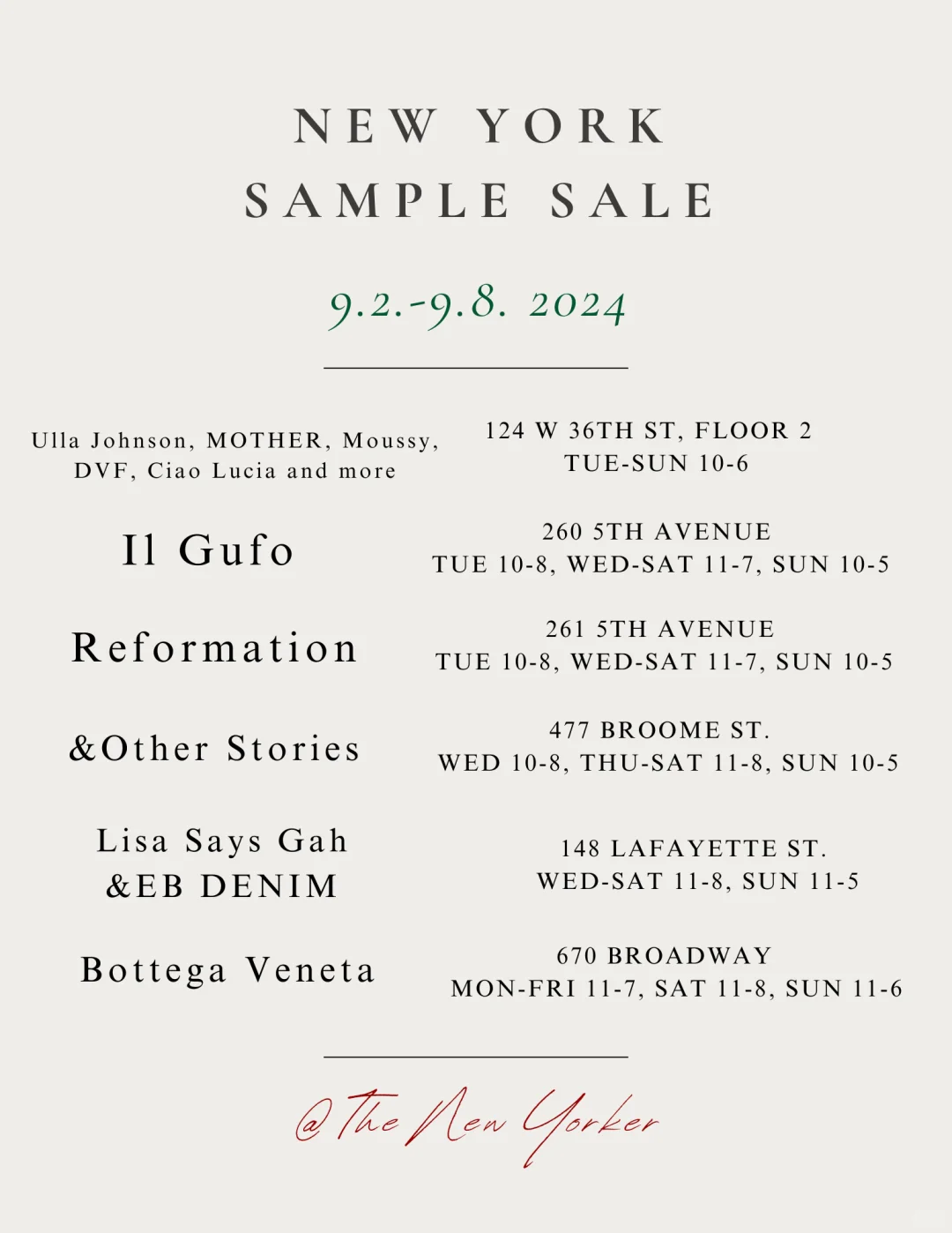 NYC Sample Sale | Sept 2-8 w/ Price List