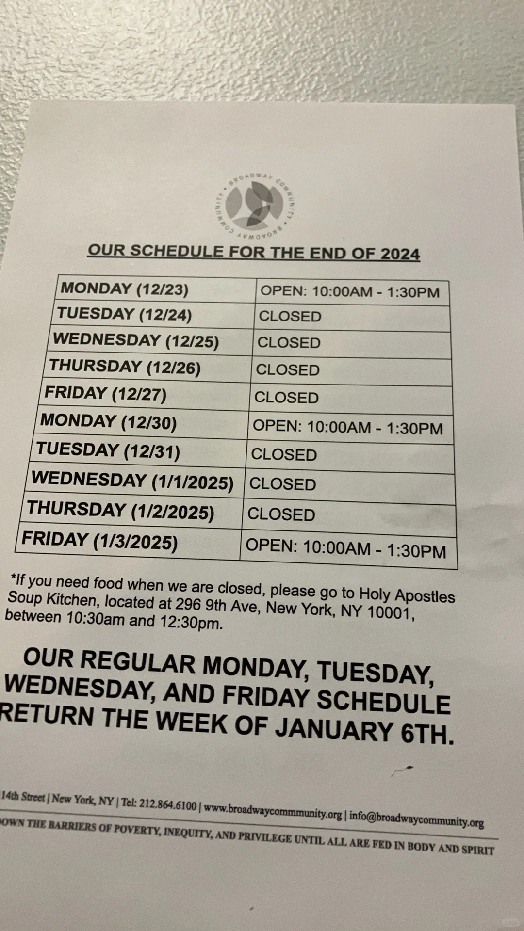Columbia University 114th Street Church Christmas and New Year Holiday Hours Announcement
