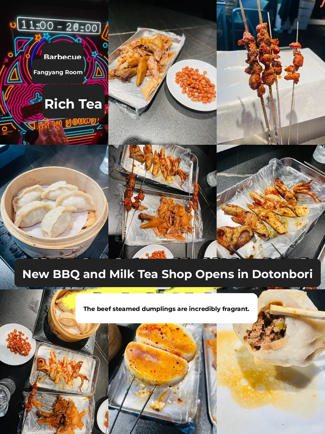 Newly Opened BBQ Milk Tea Shop in Dotonbori – Beef Dumplings 🥟 Smell Amazing!